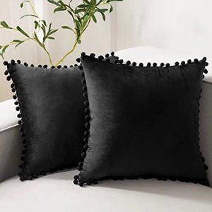 (Only Covers) Set of 2 Poms Poms Velvet Decorative Throw Pillow Covers, Black